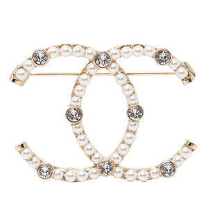 CHANEL Gold Pearl Logo Brooch
